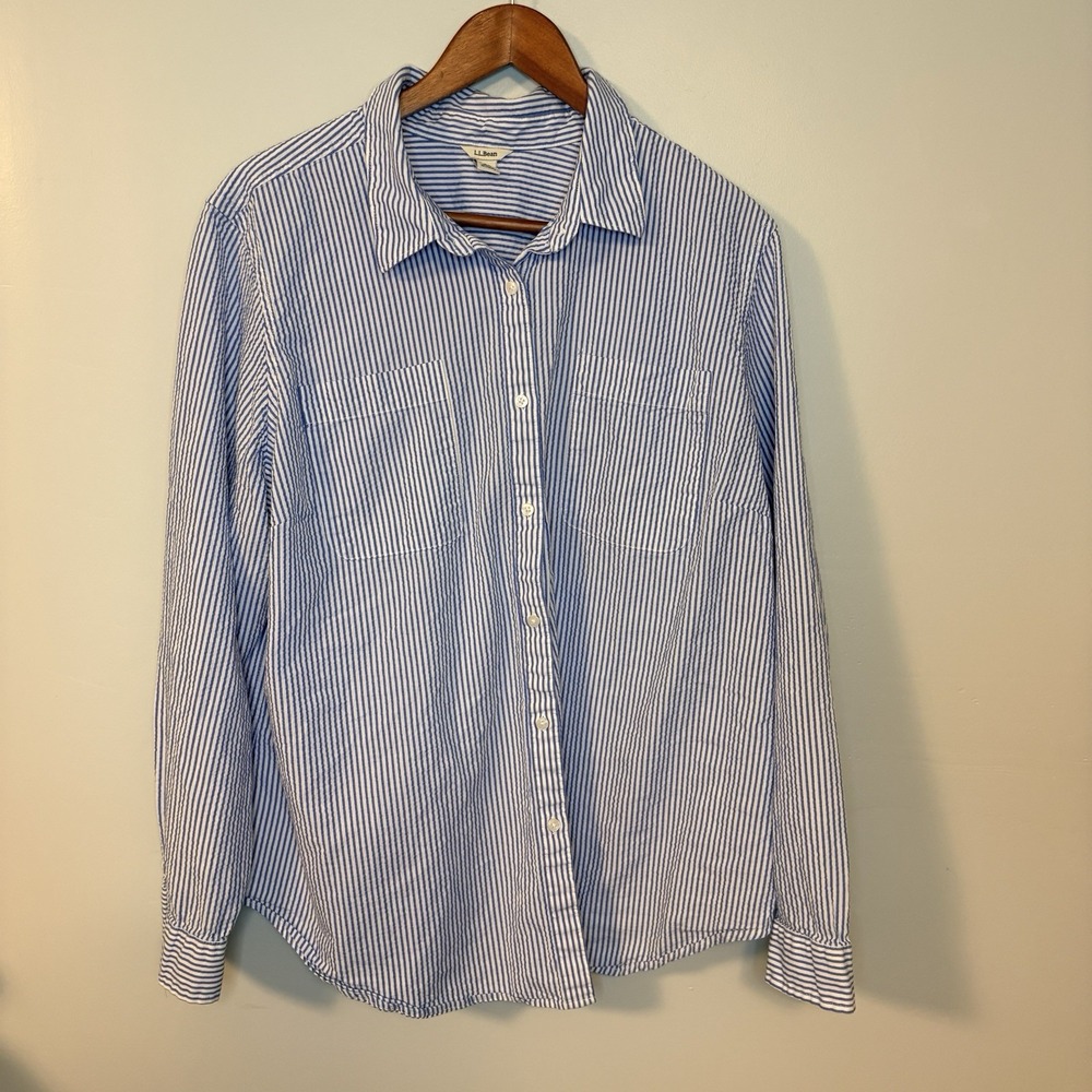 LL BEAN Shirt Womens 2X Button Up Blouse Top Striped Blue White Cotton